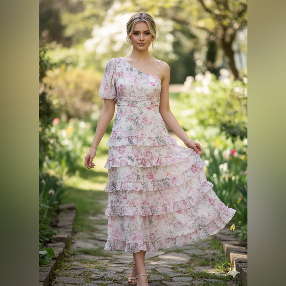 NWT ONE 33 SOCIAL Floral Chiffon One-Shoulder Dress, size 6